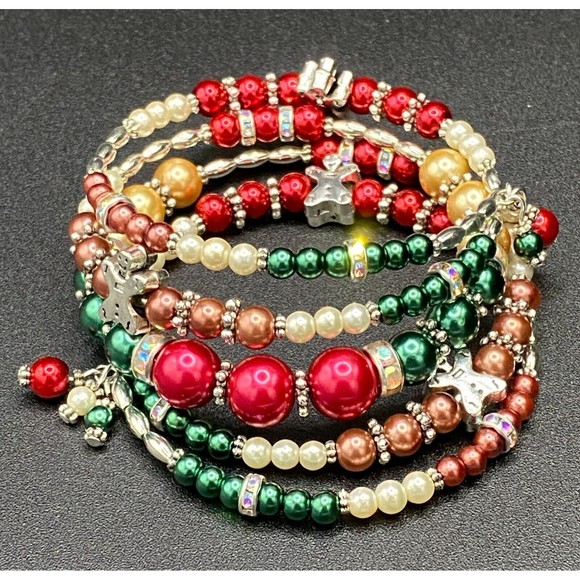 Faux Pearl & Gingerbread Man Multistrand Memory Wire Bracelet by Neanie-Bot - Picture 5 of 5